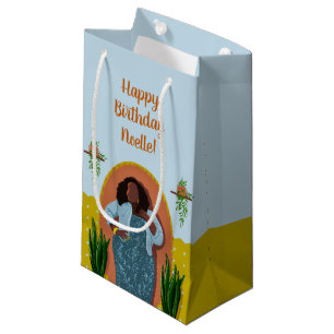 Petit Sac Cadeau Joyeux anniversaire, Femme noire, Plante, Jaune Bl