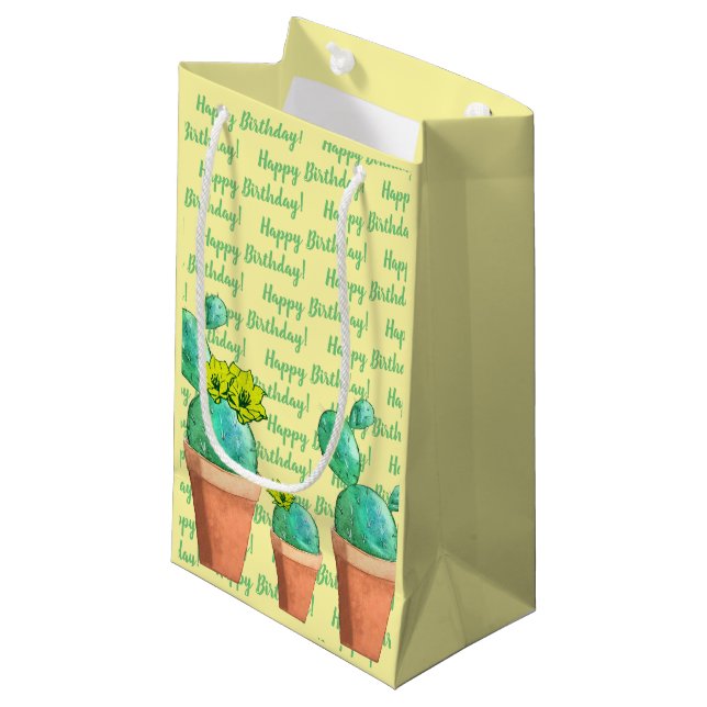 Petit Sac Cadeau Joyeux Anniversaire Fleur Jaune Poted Cactus (Devant Angle)