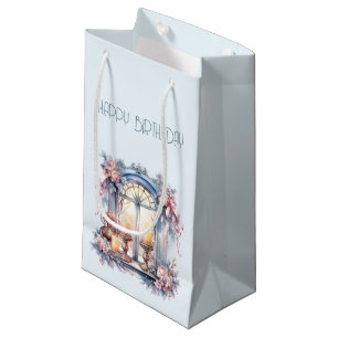 Petit Sac Cadeau Joyeux Anniversaire Hiver Bleu rose Vitre victorie