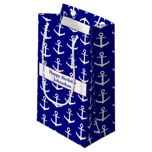 Petit Sac Cadeau Joyeux anniversaire Nautique Rouge Blanc et Ancres