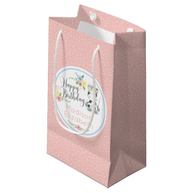 Petit Sac Cadeau Joyeux Anniversaire Vache Florale Veau Custom (Devant Angle)