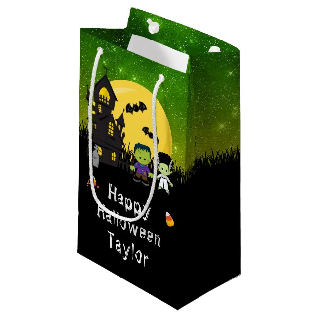 Petit Sac Cadeau Joyeux Halloween Monstres Green (Devant Angle)