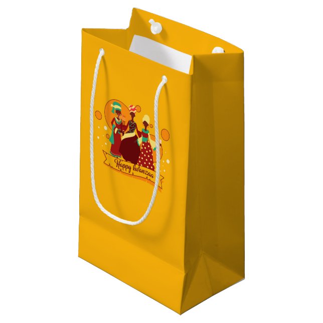 Petit Sac Cadeau Joyeux Kwanzaa 3 Dames Jaunes (Devant Angle)