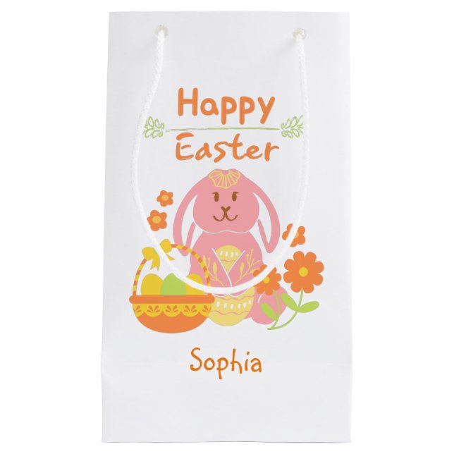 Petit Sac Cadeau Joyeux lapin rose de Pâques et fleurs (Devant)