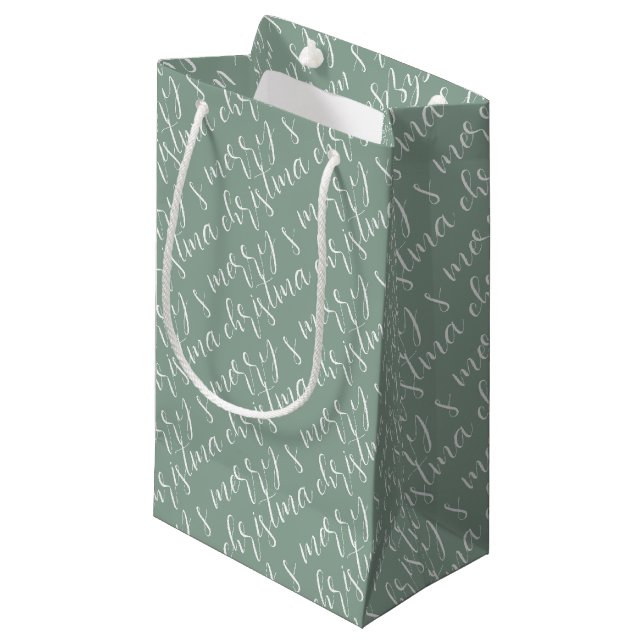 Petit Sac Cadeau Joyeux Motif de Noël Sage Green (Devant Angle)