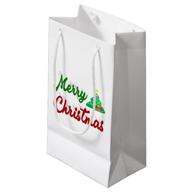 Petit Sac Cadeau Joyeux Noël Arbre rouge vert script (Devant Angle)