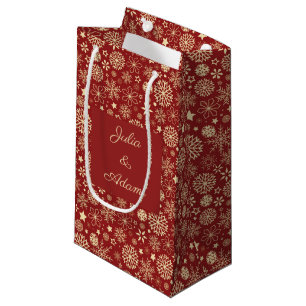 Petit Sac Cadeau Joyeux Noël élégant faux flocon de neige rouge or