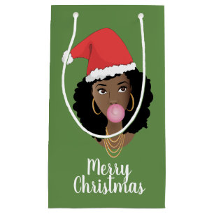 Petit Sac Cadeau Joyeux Noël! Femme Noire, Feu De Père Noël