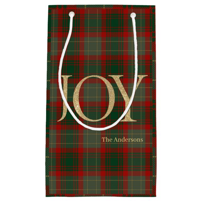 Petit Sac Cadeau Joyeux Noël moderne Joy rouge tartan (Devant)