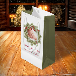 Petit Sac Cadeau Joyeux Noël Photo Aquarelle Verdure Wreath