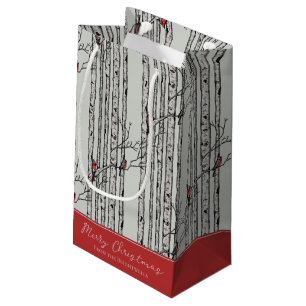 Petit Sac Cadeau Joyeux Noël Rouge Cardinal Oiseau & Birch Tree