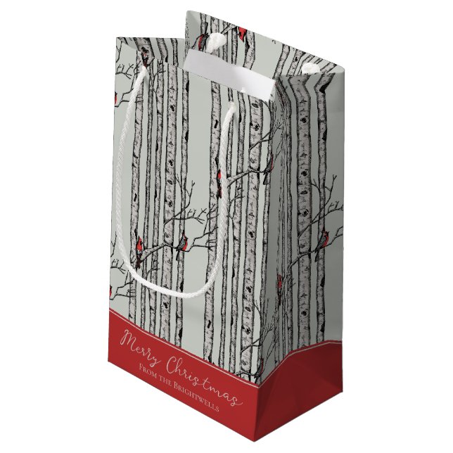 Petit Sac Cadeau Joyeux Noël Rouge Cardinal Oiseau & Birch Tree (Dos Angle)