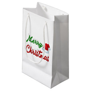 Petit Sac Cadeau Joyeux Noël Santa Chapeau rouge vert script