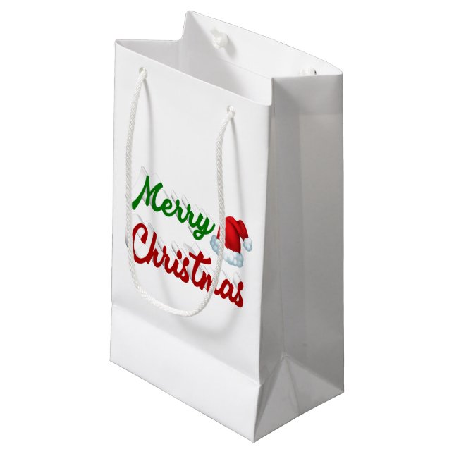 Petit Sac Cadeau Joyeux Noël Santa Chapeau rouge vert script (Devant Angle)