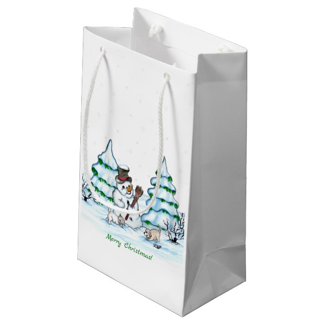 Petit Sac Cadeau Joyeux Noël ! Snowman avec chat et chiot (Dos Angle)