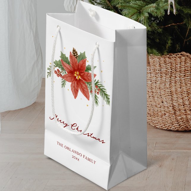 Petit Sac Cadeau Joyeux Noël Vacances Rouge Poinsettia Blanc (Créateur téléchargé)