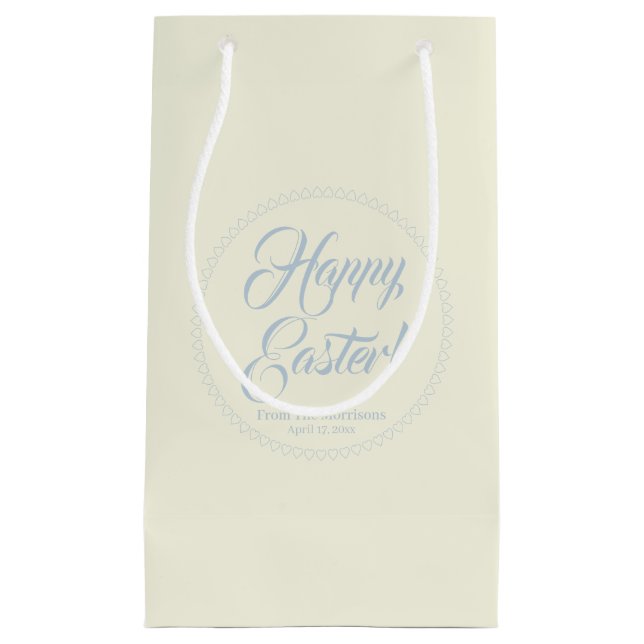 Petit Sac Cadeau Joyeux Pâques bleu poussiéreux crème script person (Devant)