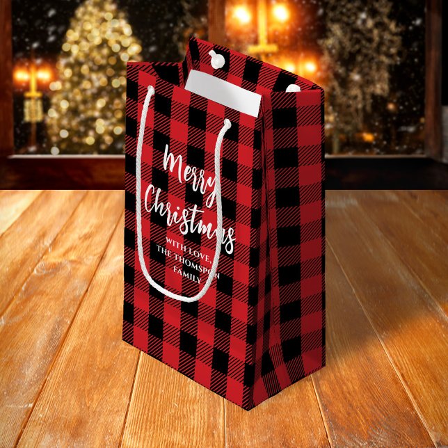 Petit Sac Cadeau Joyeux sapin de Noël Simple Buffalo Check Motif (Merry Christmas Calligraphy Buffalo Check pattern gift bag)