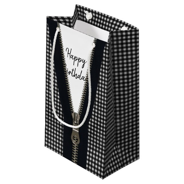 Petit Sac Cadeau Joyeux Zipper Anniversaire En vichy (Devant Angle)