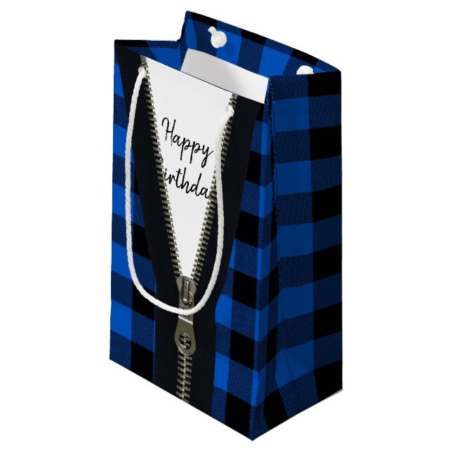 Petit Sac Cadeau Joyeux Zipper Anniversaire Sur Buffalo Plaid (Devant Angle)