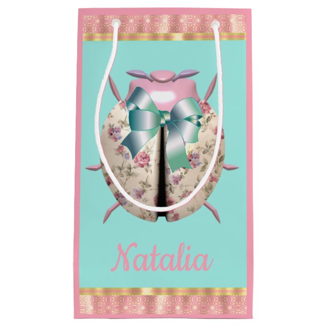 Petit Sac Cadeau Ladybug rose violet floral rose bleu mignon (Devant)