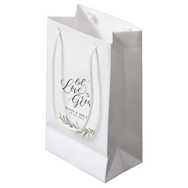 Petit Sac Cadeau "Laisser l'amour grandir" calligraphie vert rustiq (Devant Angle)