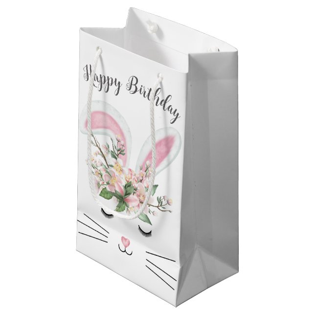 Petit Sac Cadeau Lapin d'anniversaire avec fleurs (Devant Angle)