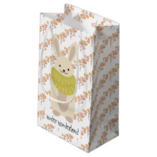 Petit Sac Cadeau Lapin d'hiver avec son écharpe rayée