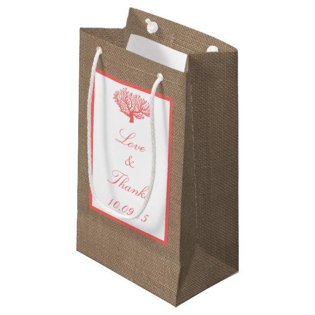 Petit Sac Cadeau Le Corail Sur Burlap Boho Beach Wedding Collection (Devant Angle)