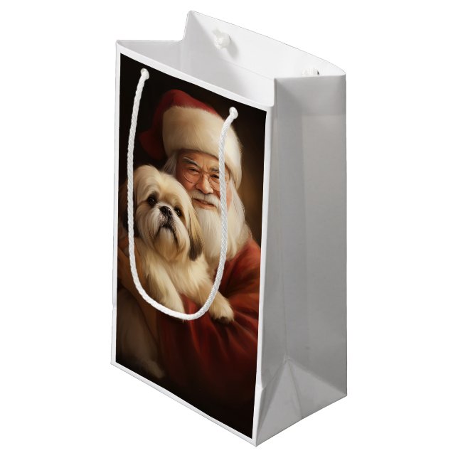 Petit Sac Cadeau Lhasa Apso Avec Noël Festif Du Père Noël (Devant Angle)