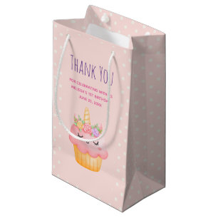 Petit Sac Cadeau Licorne à Cupcake Rose Mignon avec des Roses Merci