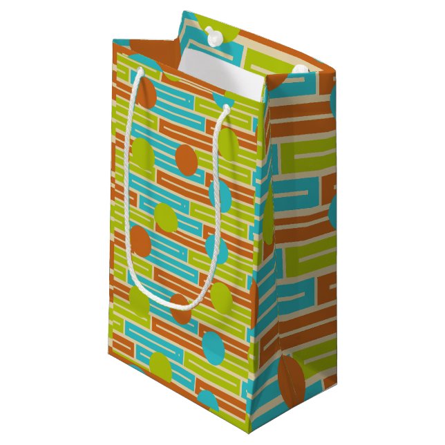 Petit Sac Cadeau Lime Green, Cinnamon Brown, Rectangles Turquoise (Devant Angle)