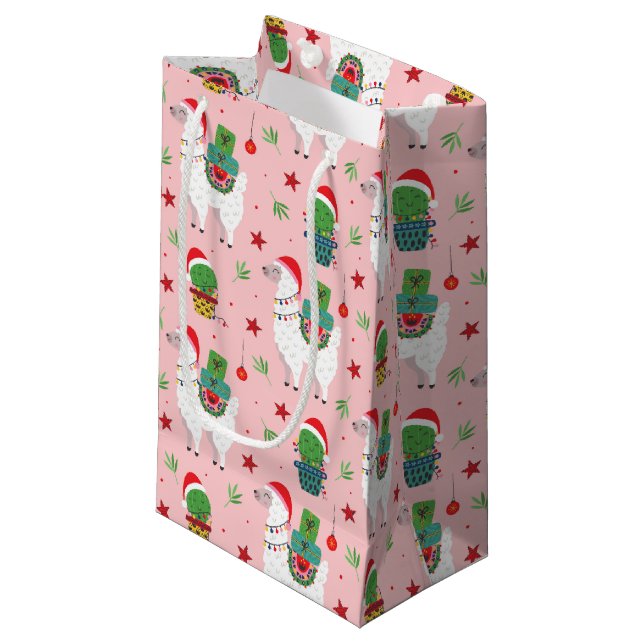 Petit Sac Cadeau Llamas et cactus Motif de Noël (Devant Angle)