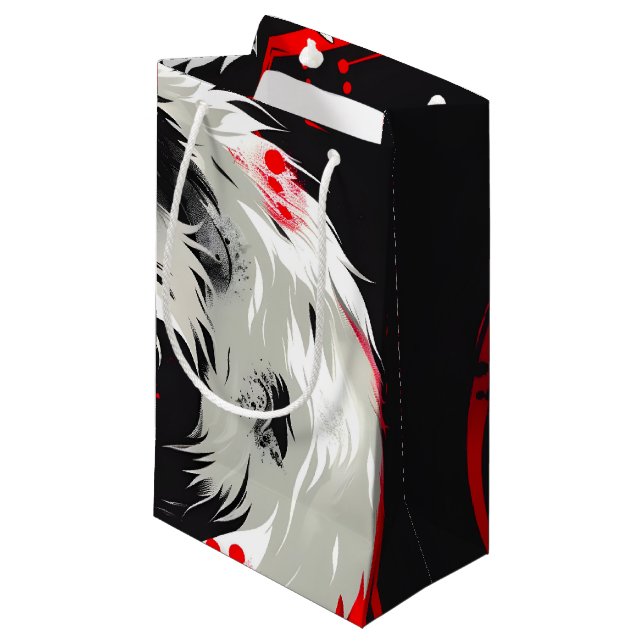 Petit Sac Cadeau Loup blanc rouge lunaire (Devant Angle)