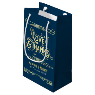 Petit Sac Cadeau Love & Merci Art Déco Mariage Gold Blue Favoriser