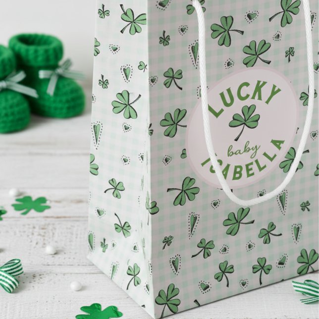 Petit Sac Cadeau Lucky Baby Paddys rose et vert St Paddys (Cute Irish Baby Shower Lucky Baby Shamrock Gift Bags in Pink and Green. Clover Heart Gingham Pattern)