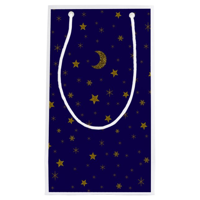 Petit Sac Cadeau Lune de Noël en or brillant, étoiles sur bleu (Devant)