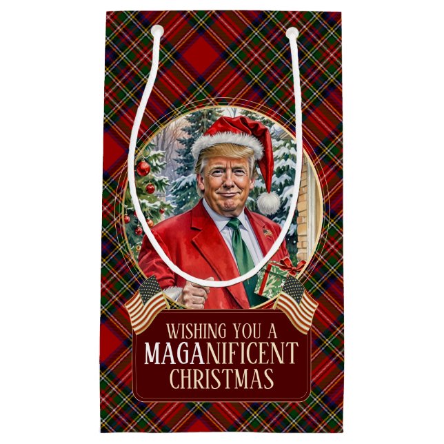 Petit Sac Cadeau MAGA Christmas Tartan Plaid Père Noël Trump (Devant)