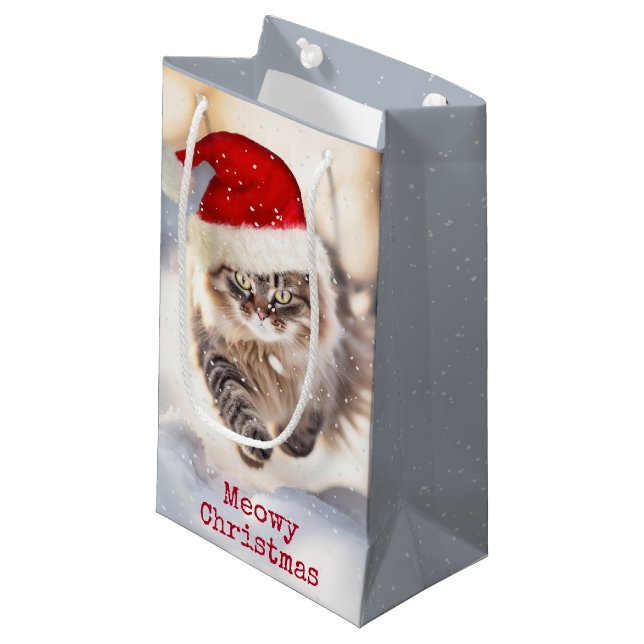 Petit Sac Cadeau Maine Coon Chat De Noël En Neige (Devant Angle)