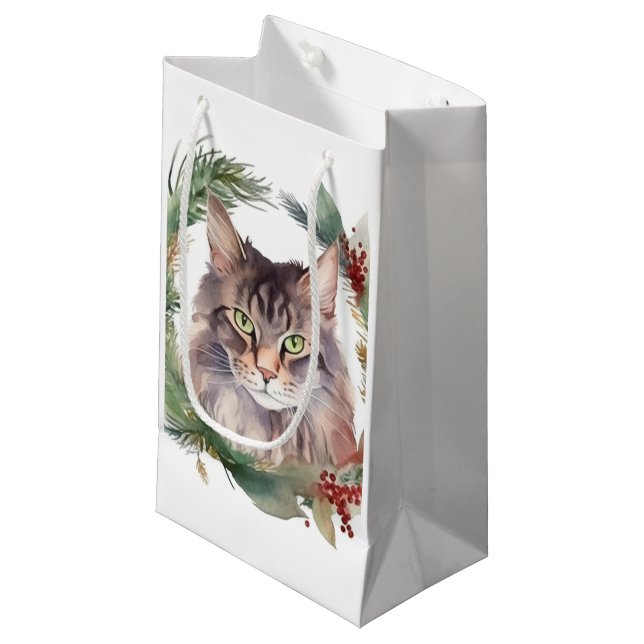 Petit Sac Cadeau Maine Coon Chat Noël Wreath Festive Kitten (Devant Angle)
