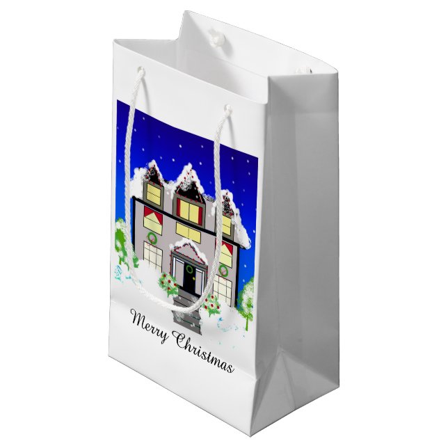 Petit Sac Cadeau Maison de Noël enneigée (Devant Angle)