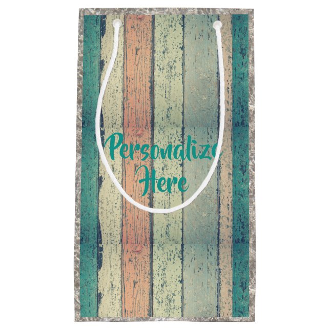 Petit Sac Cadeau Maison de plage en bois rayé turquoise sable rose (Devant)