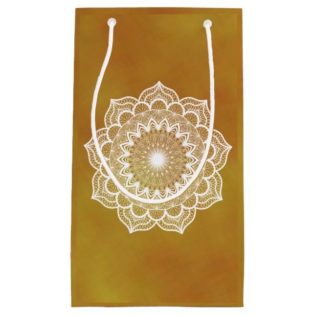 Petit Sac Cadeau Mandala blanc sur fond doré (Devant)