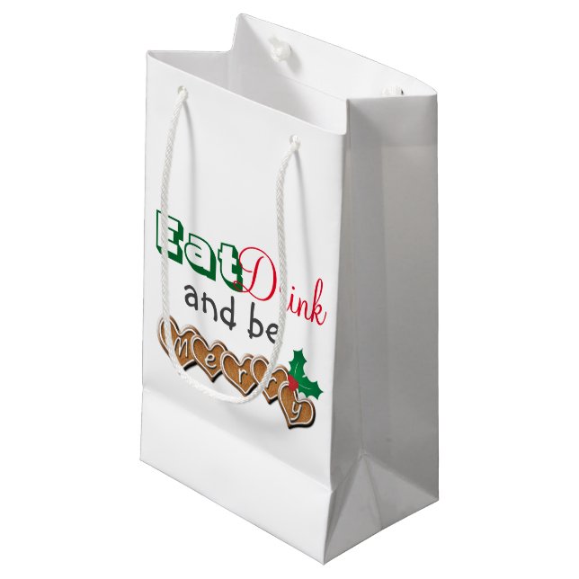 Petit Sac Cadeau Mangez, buvez et soyez Joyeux Noël (Devant Angle)