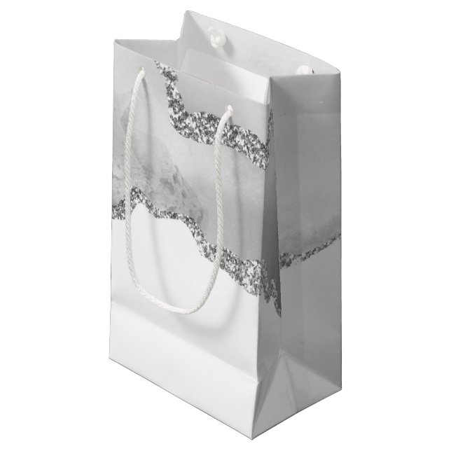 Petit Sac Cadeau Marbre Blanc Gris Agate Simple Paillettes Argentée (Devant Angle)