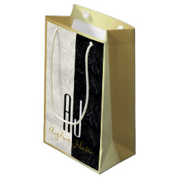 Petit Sac Cadeau Marbre noir et blanc moderne, monogramme doré