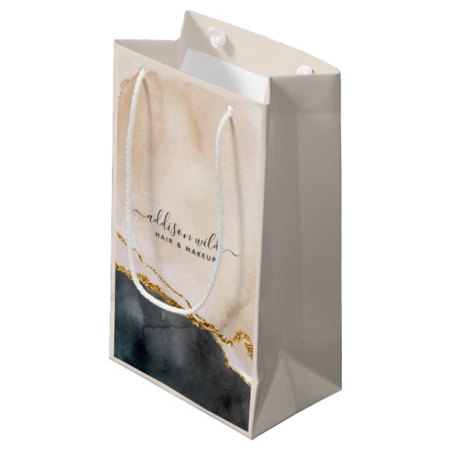 Petit Sac Cadeau Marbre Or Noir Rose Aquarelle Script Entreprise (Devant Angle)