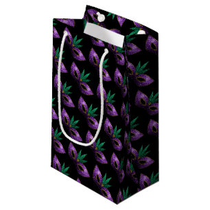Petit Sac Cadeau Mardi Gras Masque violet vert or éclaboussures mot