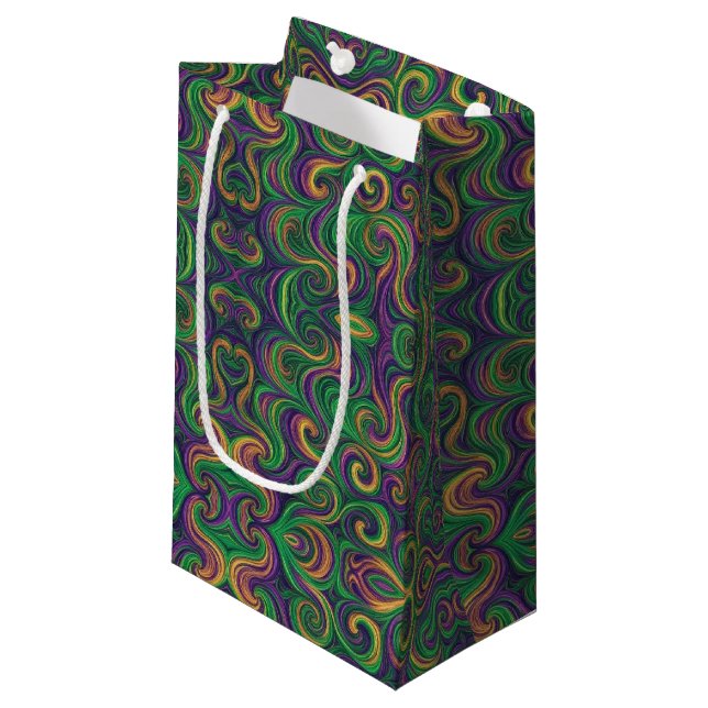 Petit Sac Cadeau Mardi Gras vert violet tourbillonne abstrait (Devant Angle)
