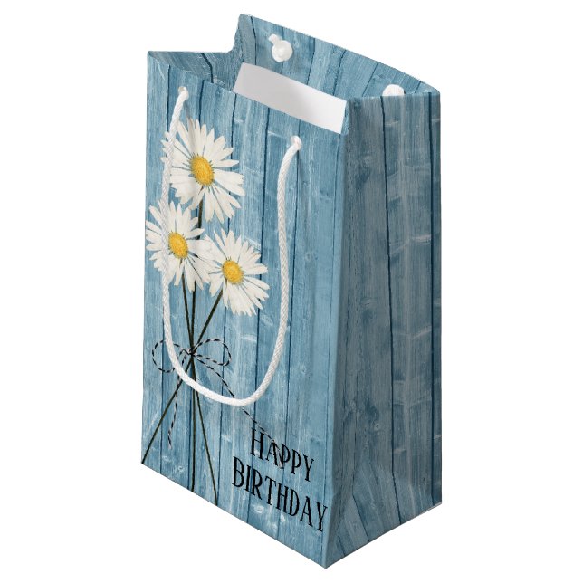 Petit Sac Cadeau Marguerites D'Anniversaire Sur Bois Violet (Devant Angle)
